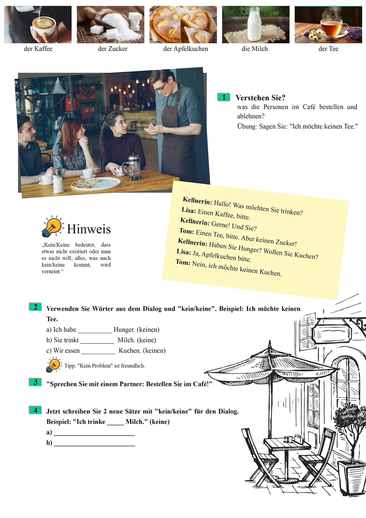 Lesson page set in a café, practising kein and keine