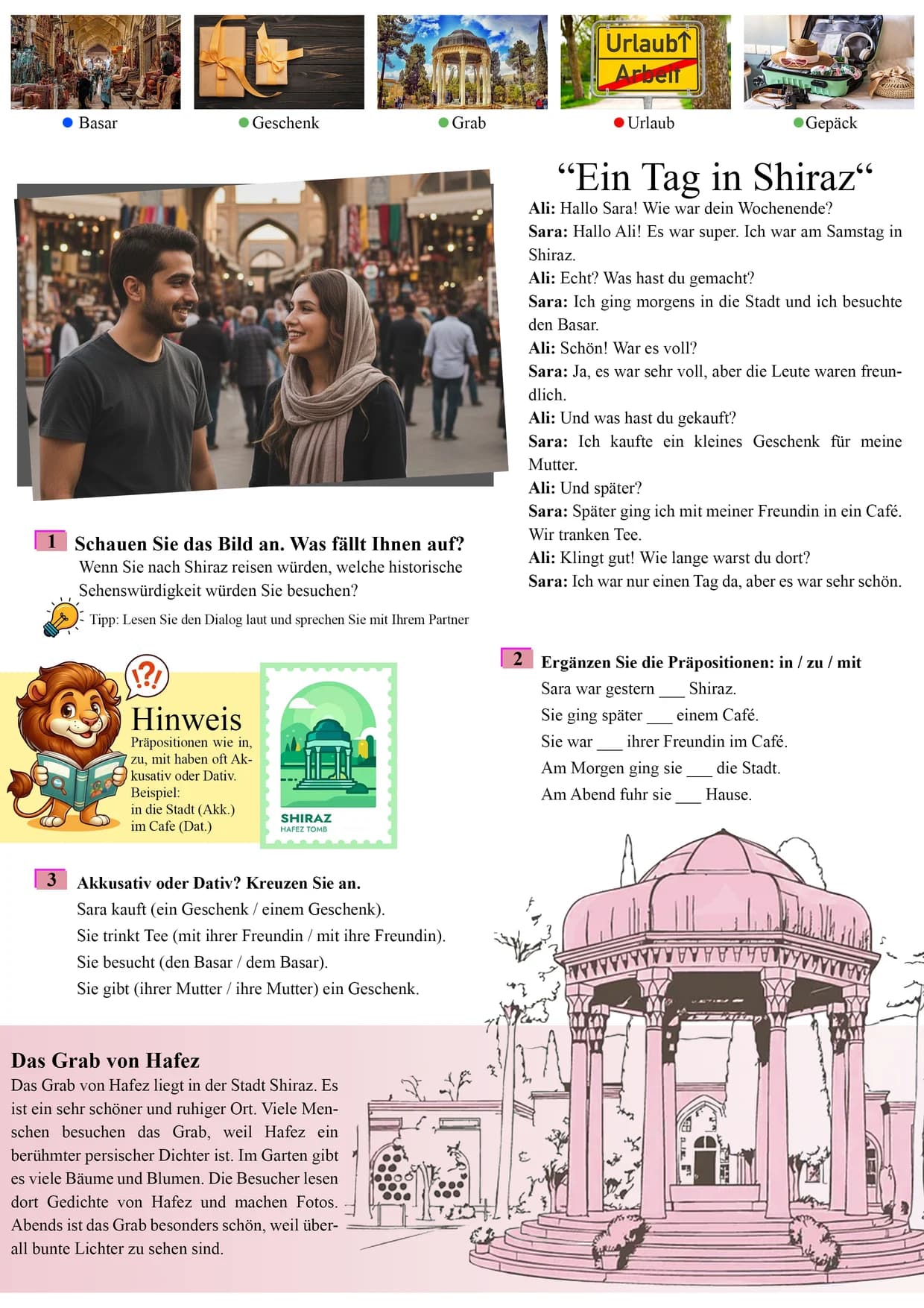 Lesson page: Ein Tag in Shiraz, with dialogue, prepositions and the tomb of Hafez