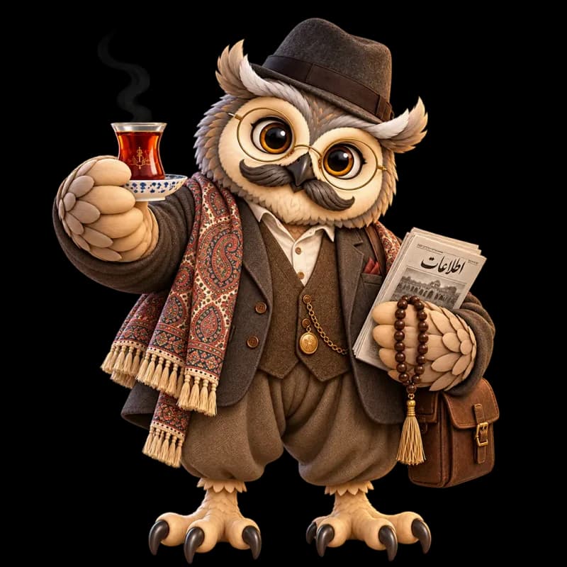 Vaki character: an older owl with tea, a newspaper and prayer beads