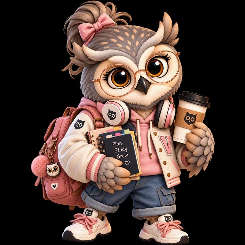 Vaki character: a student owl with a backpack and coffee
